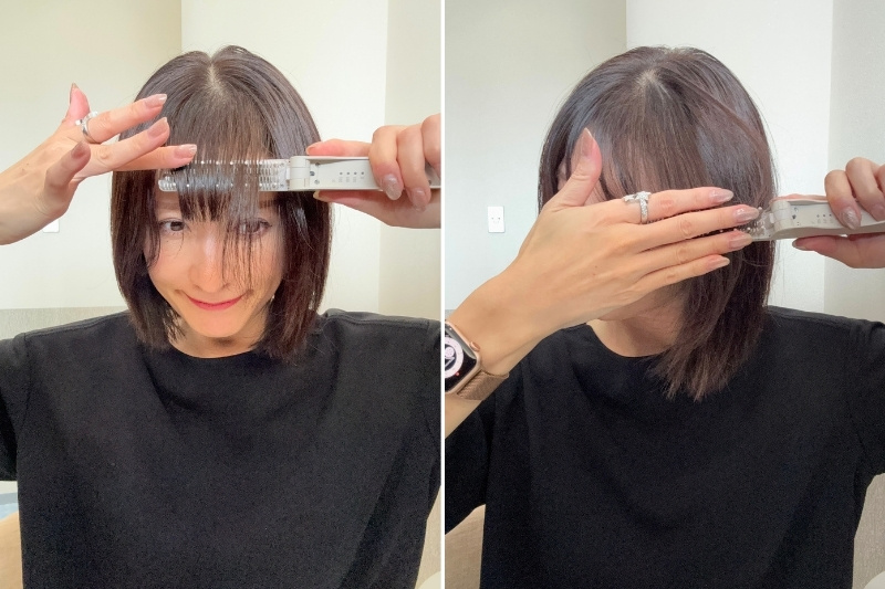 前髪にブラシを通している写真
