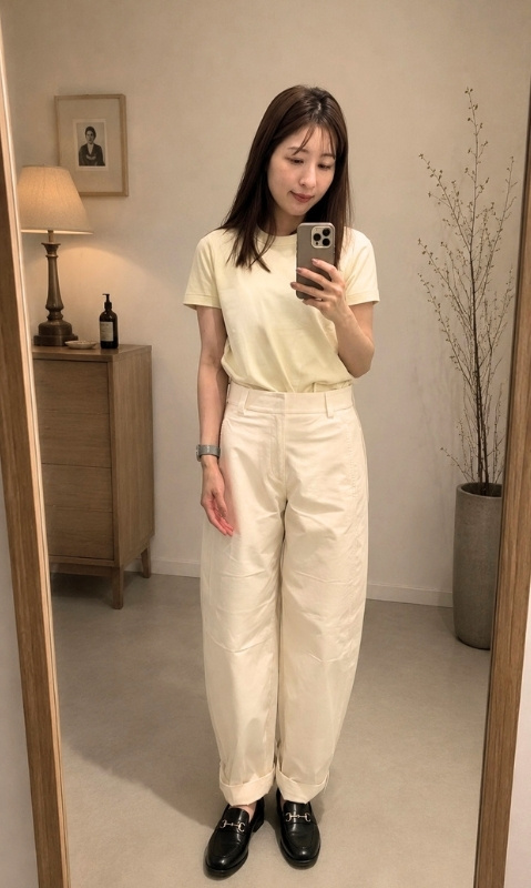 ベージュパンツ×白バレルレッグパンツコーデの写真