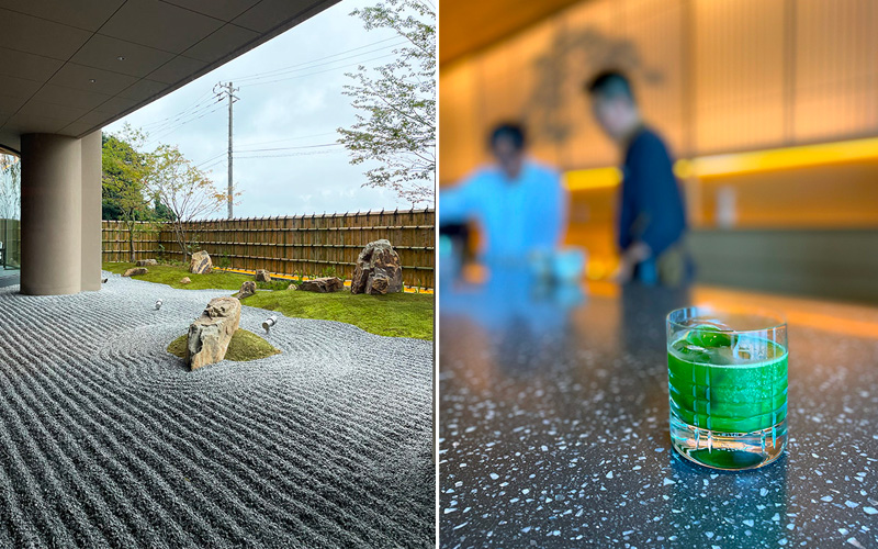 YOKI MATSUSHIMAの庭園と抹茶のウェルカムドリンク