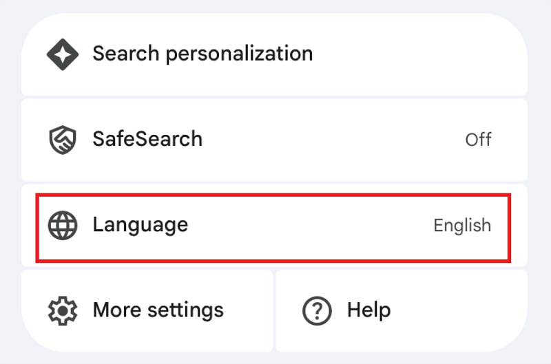 Googleアプリ　言語設定画面