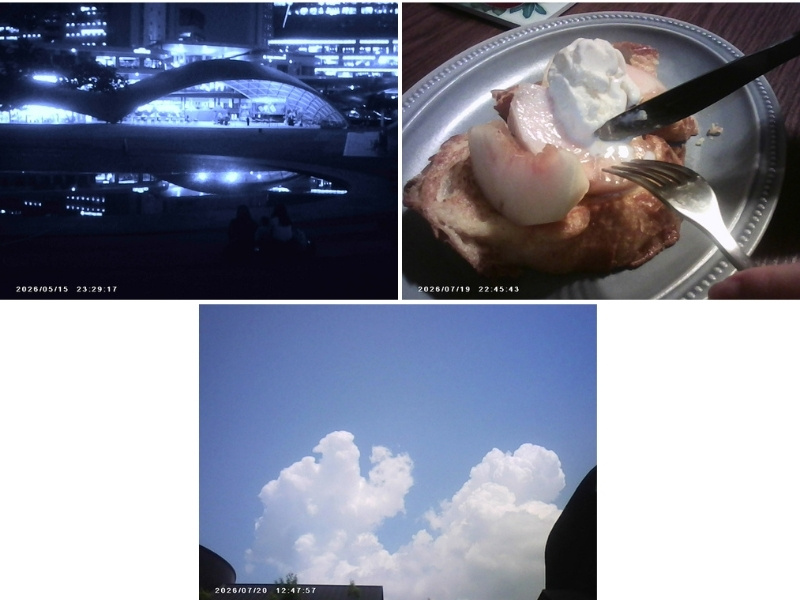 カメラで撮影した夜の写真、食べ物の写真、青空の写真を並べた画像