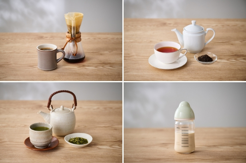 コーヒー、紅茶、お茶、ミルクのイメージ写真