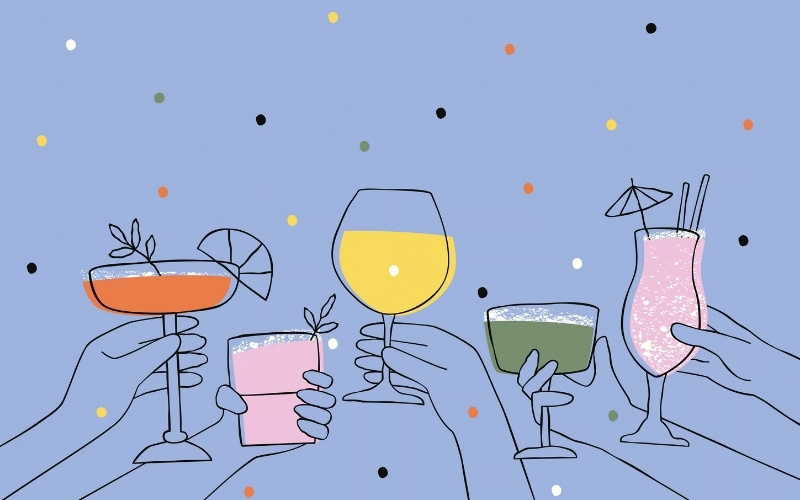 カクテルやワインで乾杯しているイラスト