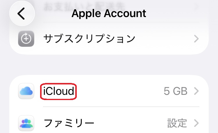 アイクラウドの部分を赤で囲んでいるスクリーンショット