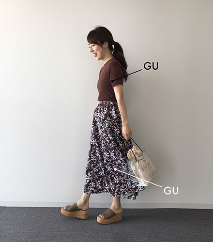 【GU】フレアロングスカート（フラワー）